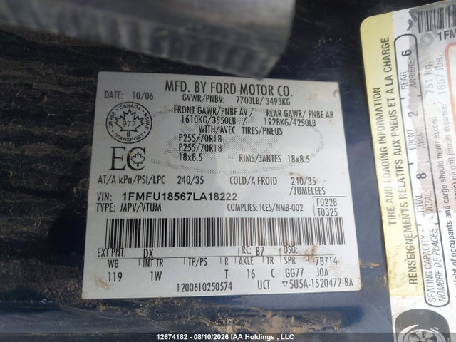 Продаж на аукціоні авто 2007 Ford Expedition Eddie Bauer, vin: 1FMFU18567LA18222, номер лоту: 12674182