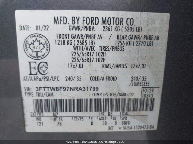 Продаж на аукціоні авто 2022 Ford Maverick Xlt, vin: 3FTTW8F97NRA31799, номер лоту: 12674193