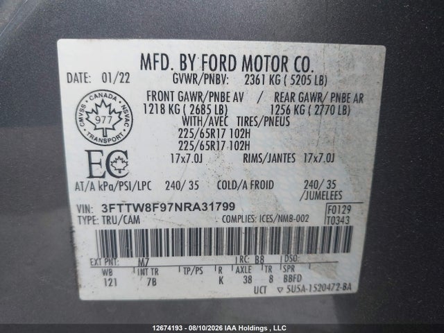 Продаж на аукціоні авто 2022 Ford Maverick Xlt, vin: 3FTTW8F97NRA31799, номер лоту: 12674193