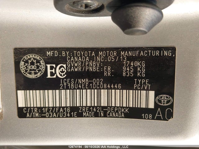 Aukcja sprzedaży 2013 Toyota Corolla S/le, vin: 2T1BU4EE1DC084446, numer aukcji: 12674194