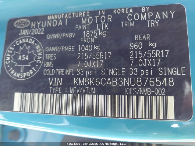 12674202 :رقم المزاد ، KM8K6CAB3NU876548 vin ، 2022 Hyundai Kona Sel مزاد بيع