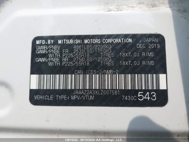 2020 Mitsubishi Outlander Es მანქანა იყიდება აუქციონზე, vin: JA4AZ2A3XLZ607581, აუქციონის ნომერი: 12674222