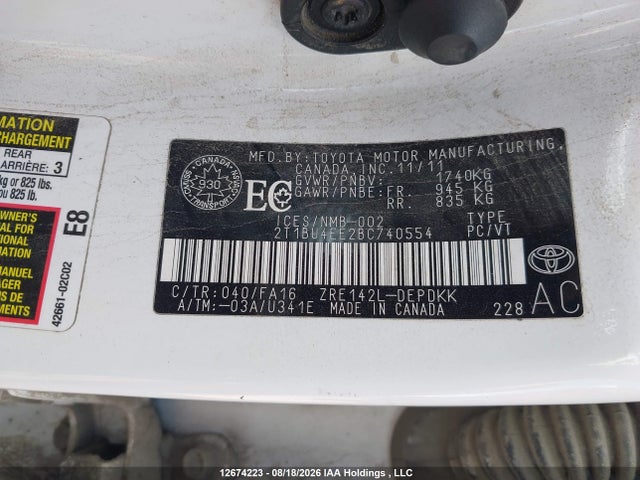 12674223 :رقم المزاد ، 2T1BU4EE2BC740554 vin ، 2011 Toyota Corolla Ce مزاد بيع