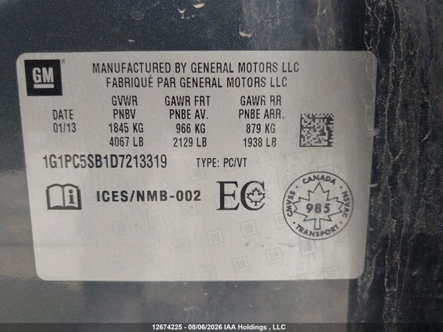 12674225 :رقم المزاد ، 1G1PC5SB1D7213319 vin ، 2013 Chevrolet Cruze Lt مزاد بيع