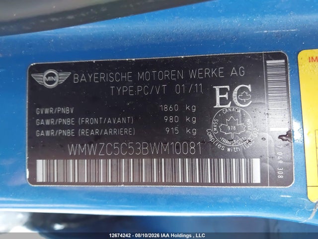 Aukcja sprzedaży 2011 Mini Cooper S Countryman, vin: WMWZC5C53BWM10081, numer aukcji: 12674242
