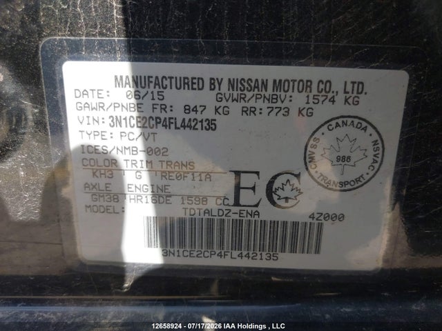 Продажа на аукционе авто 2015 Nissan Versa Note 1.6 S/1.6 Sl/1.6 Sr/1.6 Sv, vin: 3N1CE2CP4FL442135, номер лота: 12658924