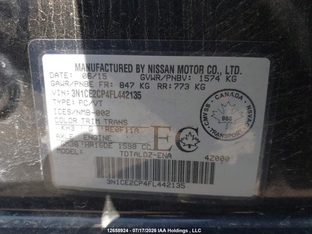 Продажа на аукционе авто 2015 Nissan Versa Note 1.6 S/1.6 Sl/1.6 Sr/1.6 Sv, vin: 3N1CE2CP4FL442135, номер лота: 12658924