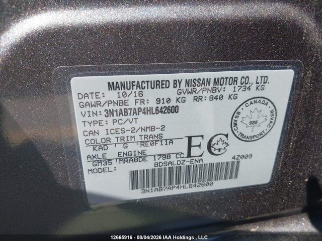 12665916 :رقم المزاد ، 3N1AB7AP4HL642600 vin ، 2017 Nissan Sentra 1.8 S/1.8 Sl/1.8 Sv مزاد بيع
