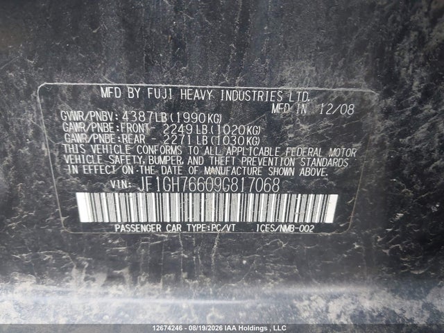 Aukcja sprzedaży 2009 Subaru Impreza Wrx, vin: JF1GH76609G817068, numer aukcji: 12674246