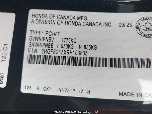 12674249 :رقم المزاد ، 2HGFE2F5XRH103835 vin ، 2024 Honda Civic Sport مزاد بيع