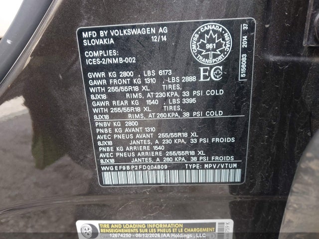 12674250 :رقم المزاد ، WVGEF9BP2FD004809 vin ، 2015 Volkswagen Touareg V6 مزاد بيع