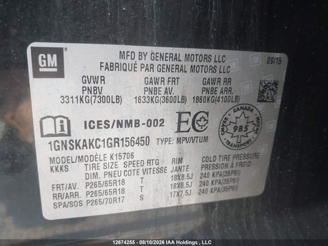 Aukcja sprzedaży 2016 Chevrolet Tahoe Ls, vin: 1GNSKAKC1GR156450, numer aukcji: 12674255