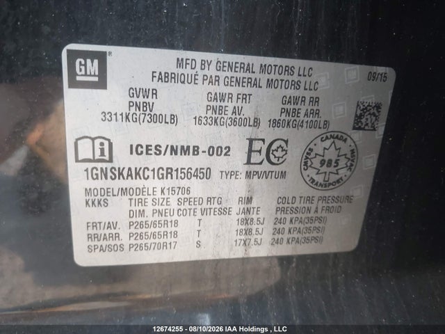 Продаж на аукціоні авто 2016 Chevrolet Tahoe Ls, vin: 1GNSKAKC1GR156450, номер лоту: 12674255