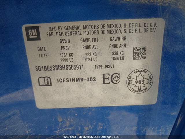 Продаж на аукціоні авто 2017 Chevrolet Cruze Lt Auto, vin: 3G1BE5SM8HS565911, номер лоту: 12674268