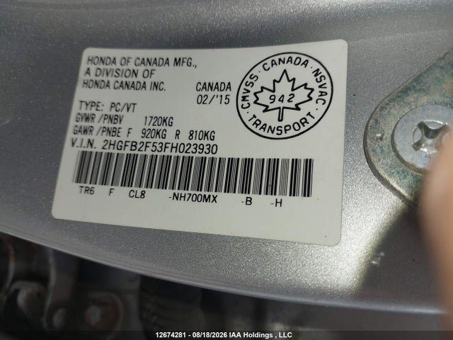 Honda CIVIC EX 2015 2HGFB2F53FH023930 Image 9