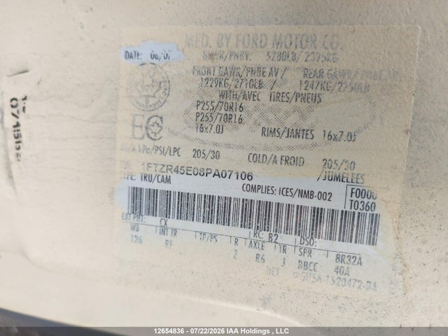12654836 :رقم المزاد ، 1FTZR45E08PA07106 vin ، 2008 Ford Ranger Fx4/off-rd/sport/xl/xlt مزاد بيع