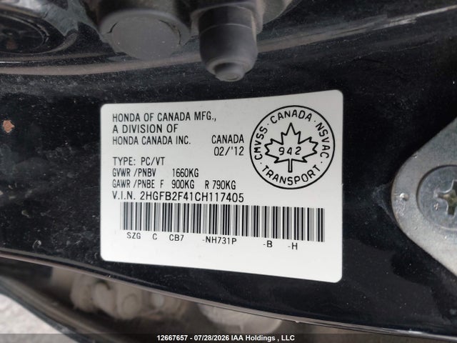 2012 Honda Civic Lx მანქანა იყიდება აუქციონზე, vin: 2HGFB2F41CH117405, აუქციონის ნომერი: 12667657