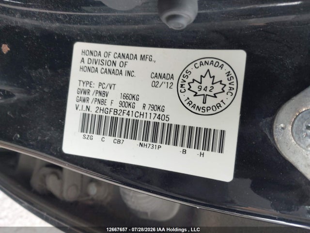 2012 Honda Civic Lx მანქანა იყიდება აუქციონზე, vin: 2HGFB2F41CH117405, აუქციონის ნომერი: 12667657