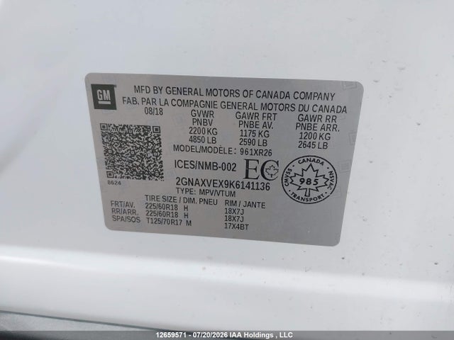 Продаж на аукціоні авто 2019 Chevrolet Equinox Lt, vin: 2GNAXVEX9K6141136, номер лоту: 12659571