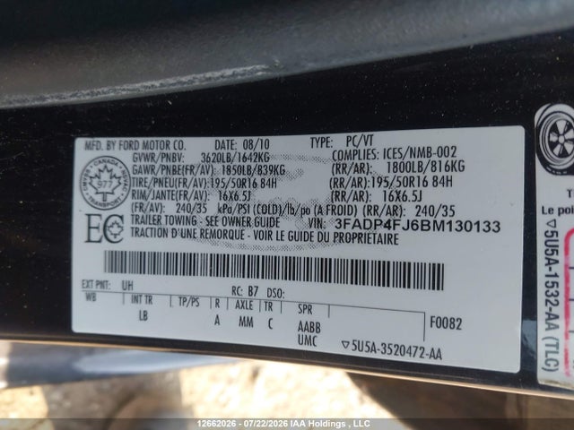 Продажа на аукционе авто 2011 Ford Fiesta Ses, vin: 3FADP4FJ6BM130133, номер лота: 12662026