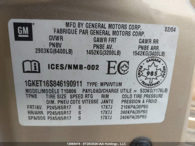 Продажа на аукционе авто 2004 Gmc Envoy Xl Sle/slt, vin: 1GKET16S846190911, номер лота: 12665419