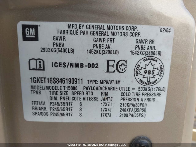 12665419 :رقم المزاد ، 1GKET16S846190911 vin ، 2004 Gmc Envoy Xl Sle/slt مزاد بيع
