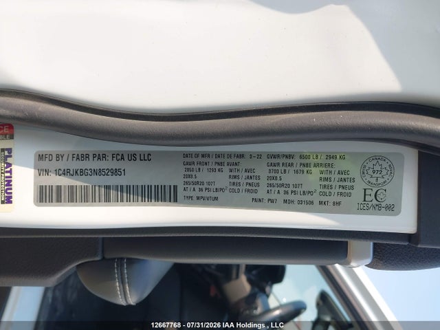 Auction sale of the 2022 Jeep Grand Cherokee L Limited, vin: 1C4RJKBG3N8529851, lot number: 12667768
