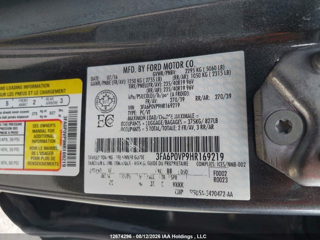 Продажа на аукционе авто 2017 Ford Fusion, vin: 3FA6P0VP9HR169219, номер лота: 12674296
