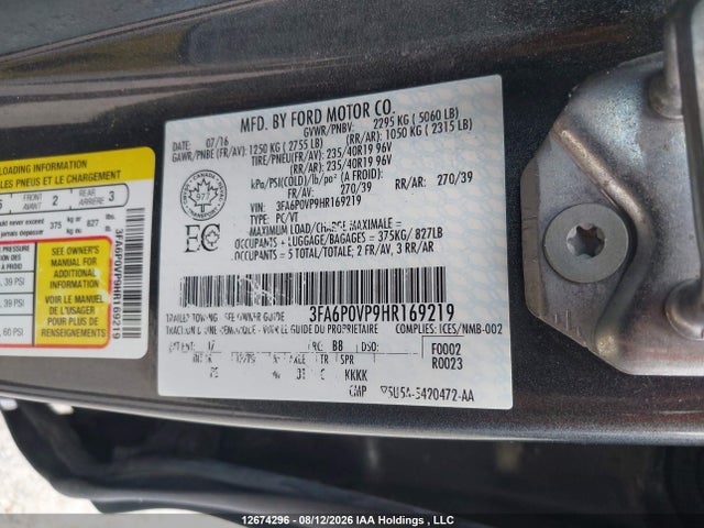 Продажа на аукционе авто 2017 Ford Fusion, vin: 3FA6P0VP9HR169219, номер лота: 12674296