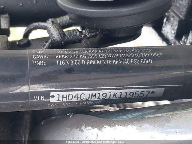 12674300 :رقم المزاد ، 1HD4CJM191K119557 vin ، 2001 Harley-davidson Xl883 C مزاد بيع
