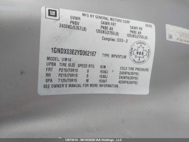 2000 Chevrolet Venture მანქანა იყიდება აუქციონზე, vin: 1GNDX03E2YD362167, აუქციონის ნომერი: 12674314