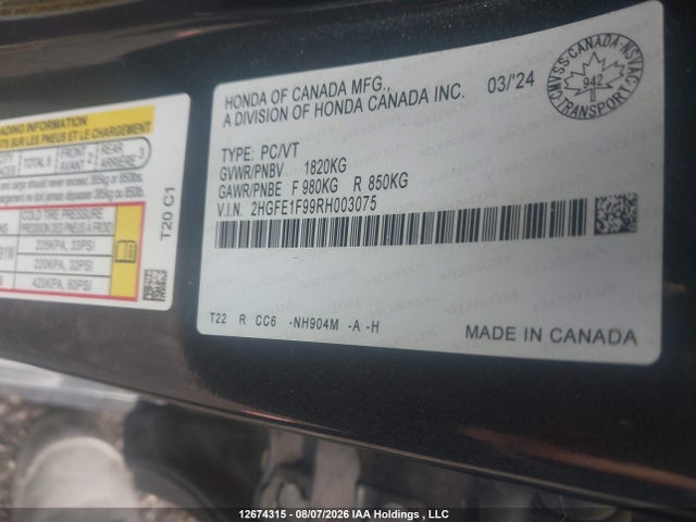 2HGFE1F99RH003075 Honda Civic