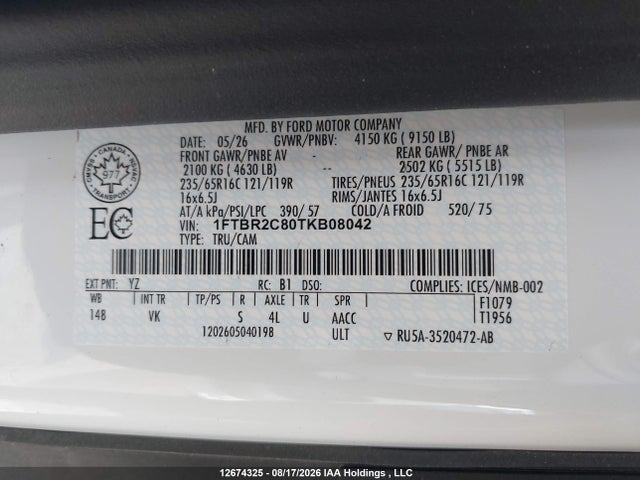 Auction sale of the 2026 Ford Transit T-250, vin: 1FTBR2C80TKB08042, lot number: 12674325
