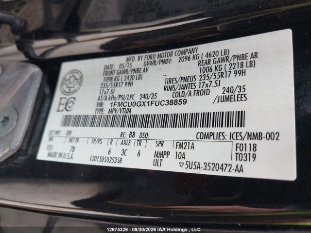 Ford ESCAPE SE 2015 1FMCU0GX1FUC38859 Image 9