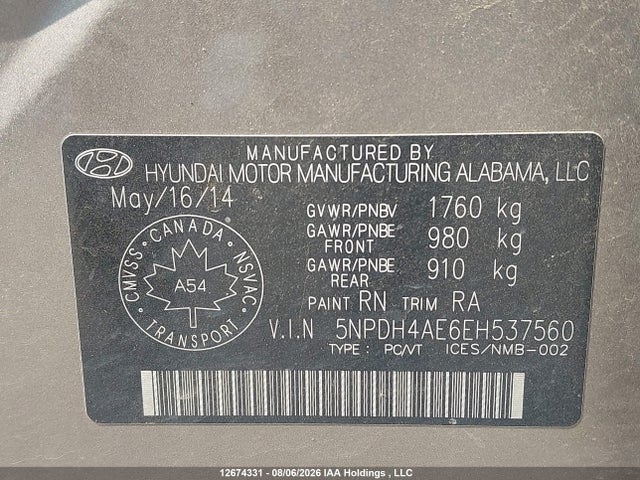 2014 Hyundai Elantra Se/sport/limited მანქანა იყიდება აუქციონზე, vin: 5NPDH4AE6EH537560, აუქციონის ნომერი: 12674331