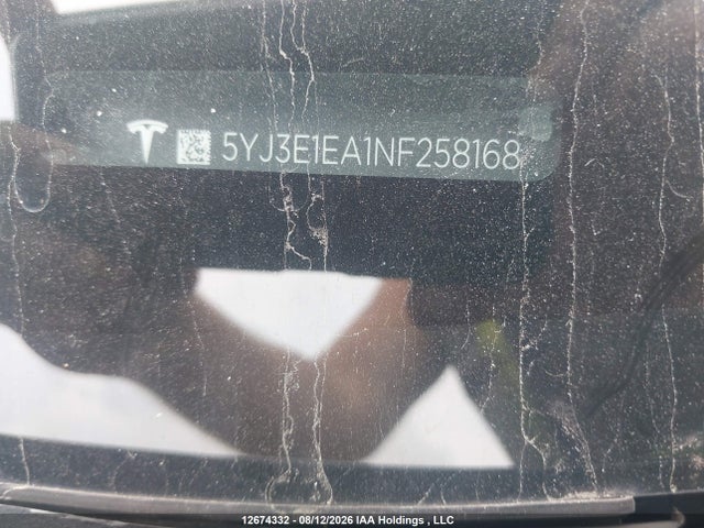12674332 :رقم المزاد ، 5YJ3E1EA1NF258168 vin ، 2022 Tesla Model 3 Rwd/standard Range مزاد بيع