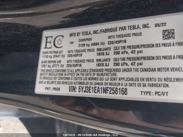 12674332 :رقم المزاد ، 5YJ3E1EA1NF258168 vin ، 2022 Tesla Model 3 Rwd/standard Range مزاد بيع