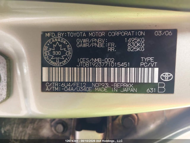 Продажа на аукционе авто 2007 Toyota Yaris, vin: JTDBT923771015451, номер лота: 12674341