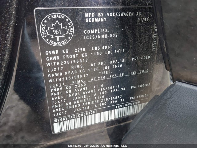 Продаж на аукціоні авто 2012 Volkswagen Tiguan S/se/sel, vin: WVGBV7AX8CW559081, номер лоту: 12674346
