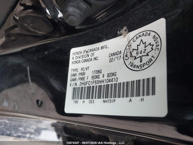 2017 Honda Civic Touring მანქანა იყიდება აუქციონზე, vin: 2HGFC1F93HH104410, აუქციონის ნომერი: 12674347