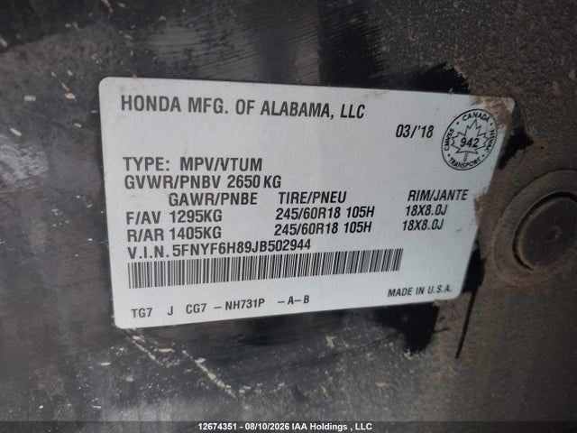 5FNYF6H89JB502944 Honda Pilot Ex-l Res