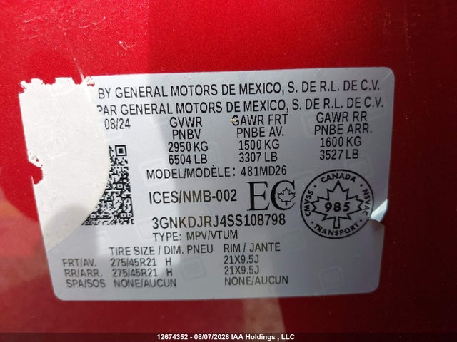 12674352 :رقم المزاد ، 3GNKDJRJ4SS108798 vin ، 2025 Chevrolet Blazer Rs مزاد بيع