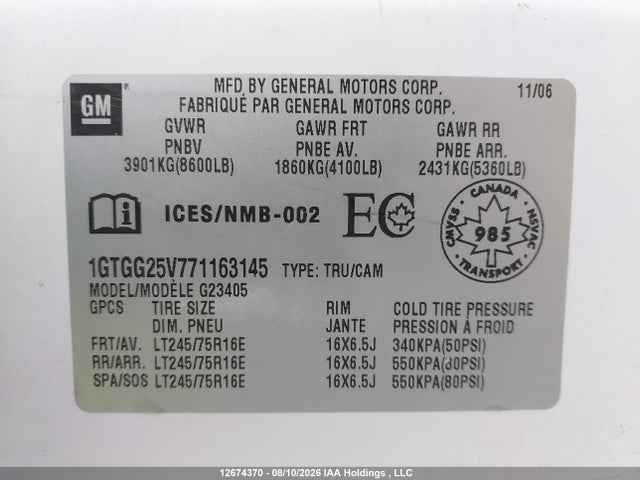 12674370 :رقم المزاد ، 1GTGG25V771163145 vin ، 2007 Gmc Savana Cargo Van مزاد بيع