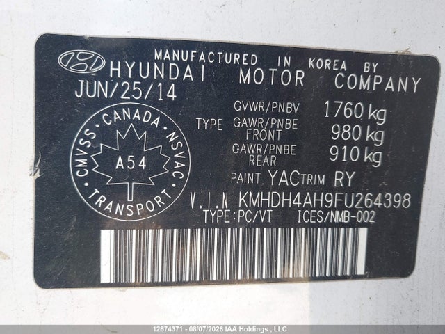 KMHDH4AH9FU264398 Hyundai Elantra Gls