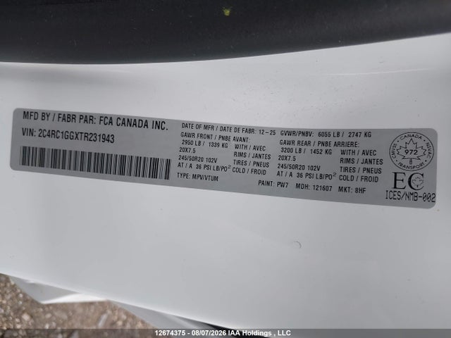 Aukcja sprzedaży 2026 Chrysler Pacifica Limited, vin: 2C4RC1GGXTR231943, numer aukcji: 12674375