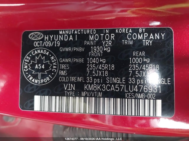 Продажа на аукционе авто 2020 Hyundai Kona Limited, vin: KM8K3CA57LU476931, номер лота: 12674377