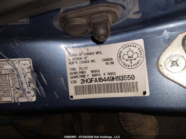 12662997 :رقم المزاد ، 2HGFA16449H113550 vin ، 2009 Honda Civic Dx-g مزاد بيع