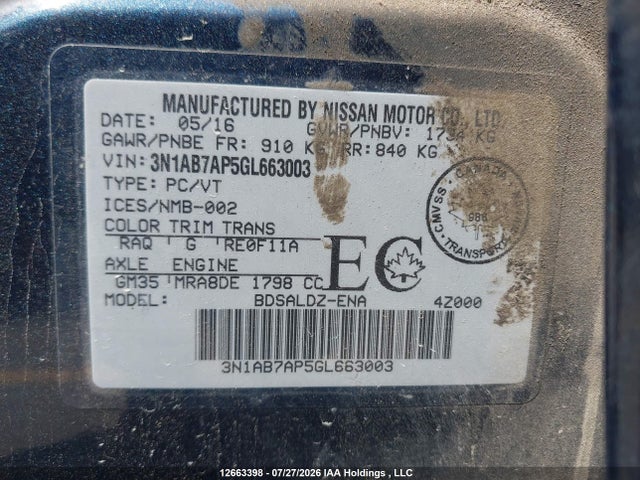 2016 Nissan Sentra 1.8 S/1.8 Sl/1.8 Sr/1.8 Sv მანქანა იყიდება აუქციონზე, vin: 3N1AB7AP5GL663003, აუქციონის ნომერი: 12663398