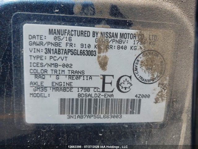 2016 Nissan Sentra 1.8 S/1.8 Sl/1.8 Sr/1.8 Sv მანქანა იყიდება აუქციონზე, vin: 3N1AB7AP5GL663003, აუქციონის ნომერი: 12663398