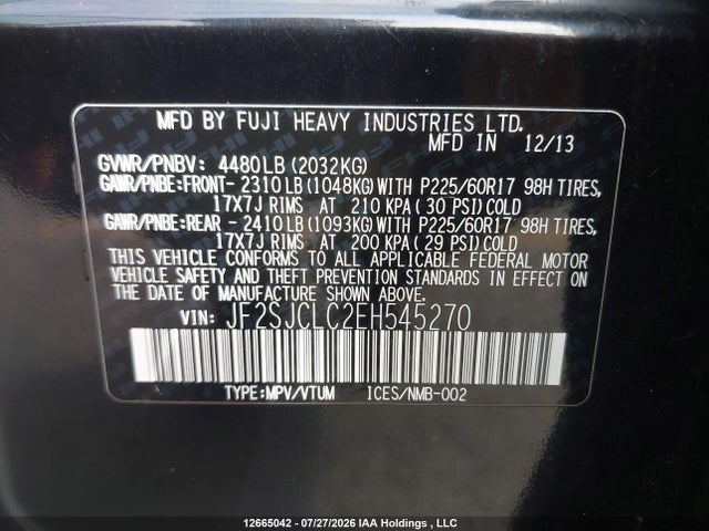 12665042 :رقم المزاد ، JF2SJCLC2EH545270 vin ، 2014 Subaru Forester 2.5i Touring Package مزاد بيع